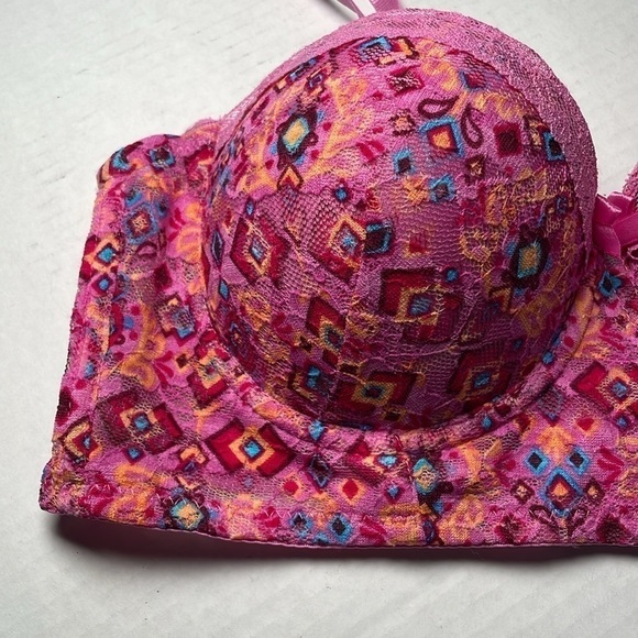 BLACK FUCHSIA Bra 36B Push Up Wide Band Stretch Lace Pink Geo Print Underwire - Picture 2 of 11